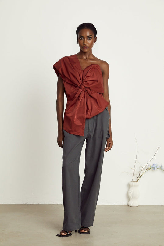 Dylan Dark Red One Shoulder Asymmetric Bow Detail Top