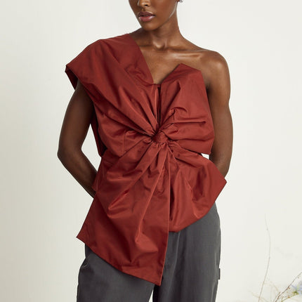 Dylan Dark Red One Shoulder Asymmetric Bow Top in Terylene Nylon Spandex Blend
