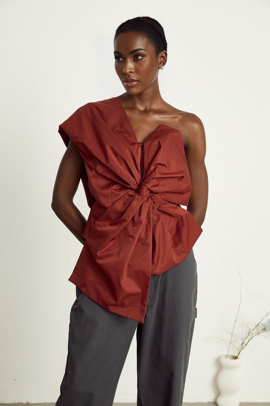 Dylan Dark Red One Shoulder Asymmetric Bow Top in Terylene Nylon Spandex Blend