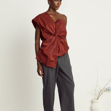 Dylan Dark Red One-Shoulder Asymmetric Top with Oversized Bow Detail