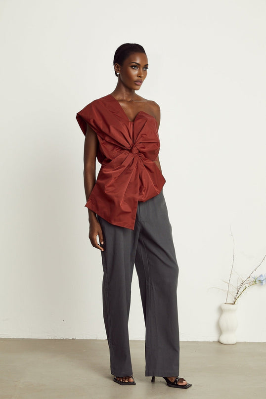 Dylan Dark Red One-Shoulder Asymmetric Top with Oversized Bow Detail