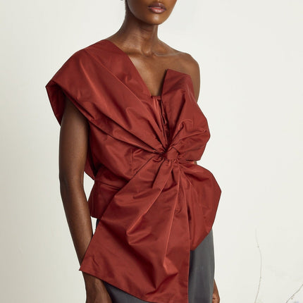Dylan Dark Red One Shoulder Asymmetric Bow Detail Top