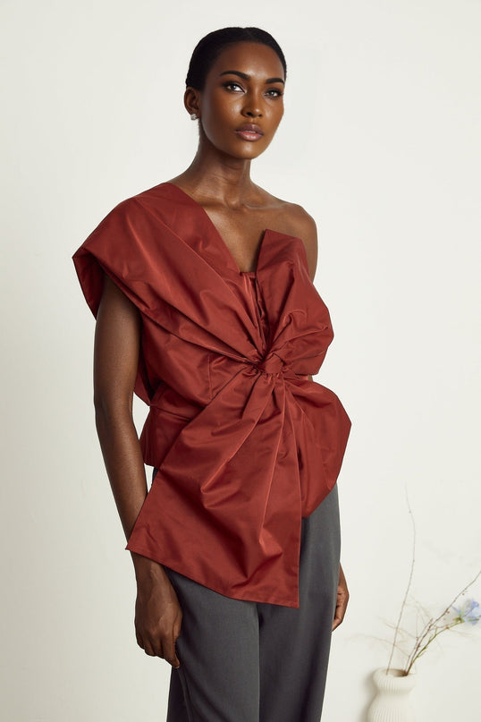 Dylan Dark Red One Shoulder Asymmetric Bow Detail Top