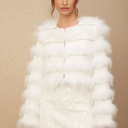 Dylan Jacket Crystal Embellished Fur Style White Padded Long Sleeves Raccoon Dog Fur Fringed Crystal Embellishments