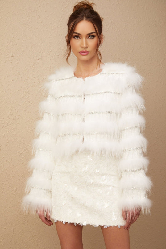 Dylan Jacket Crystal Embellished Fur Style White Padded Long Sleeves Raccoon Dog Fur Fringed Crystal Embellishments
