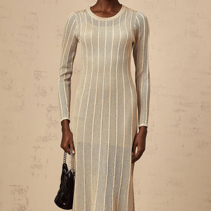 Dylan Khaki Knitted Midi Dress with Round Neck and Long Sleeves