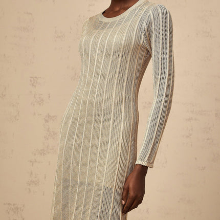 Dylan Khaki Knitted Midi Dress Round Neck Long Sleeves Fitted Silhouette Ribbed Hem Internal Slip Dress Terylene Fiber