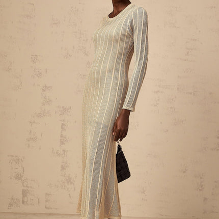 Dylan Khaki Knitted Midi Dress with Round Neck and Long Sleeves