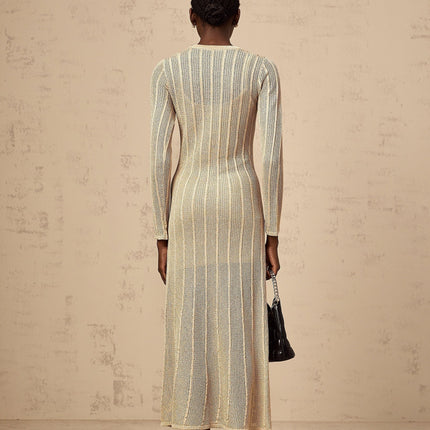 Dylan Khaki Knitted Midi Dress Round Neck Long Sleeve Fitted Silhouette Ribbed Hem Internal Slip Dress Terylene Fiber