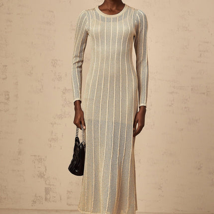 Dylan Khaki Knitted Midi Dress with Round Neck and Long Sleeves