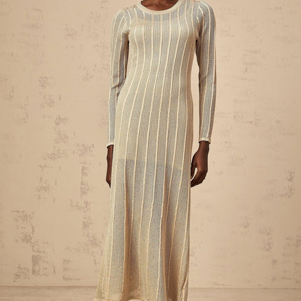 Dylan Khaki Knitted Midi Dress with Round Neck and Long Sleeves