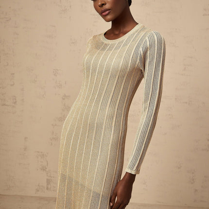 Dylan Khaki Knitted Midi Dress with Round Neck and Long Sleeves