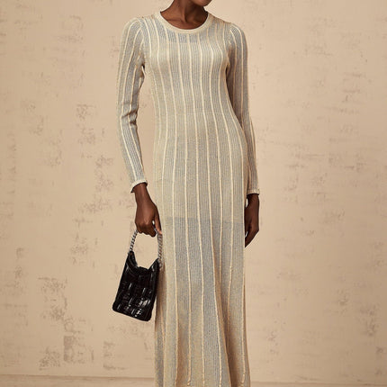 Dylan Khaki Knitted Midi Dress with Round Neck and Long Sleeves