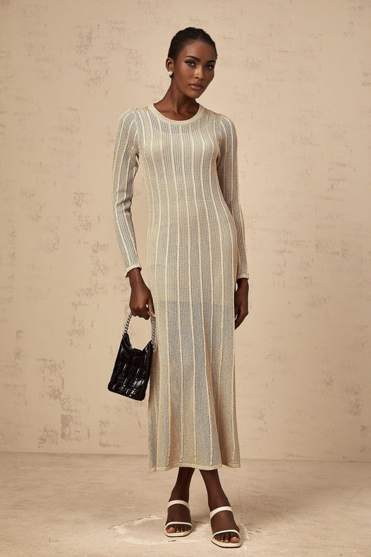 Dylan Khaki Knitted Midi Dress with Round Neck and Long Sleeves