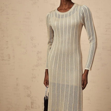 Dylan Khaki Knitted Midi Dress with Round Neck and Long Sleeves