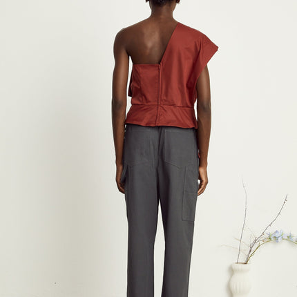 Dylan One Shoulder Dark Red Top with Oversized Bow Detail