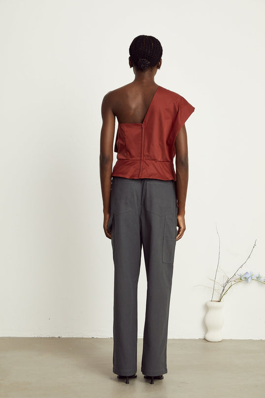 Dylan One Shoulder Dark Red Top with Oversized Bow Detail