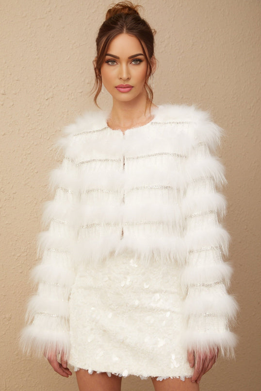 Dylan White Crystal Embellished Fur Jacket