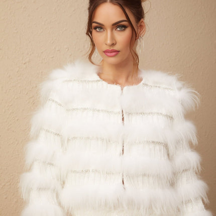 Dylan White Crystal Embellished Fur Jacket