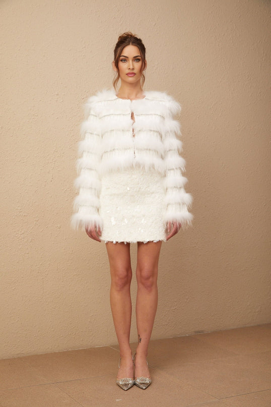 Dylan White Crystal Embellished Fur Style Jacket