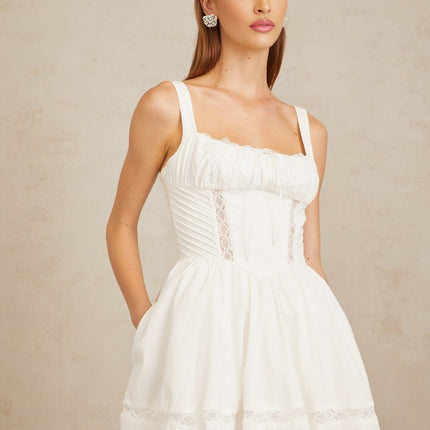 Dylan White Lace Trim Mini Dress with Self-Tie Bow Detail