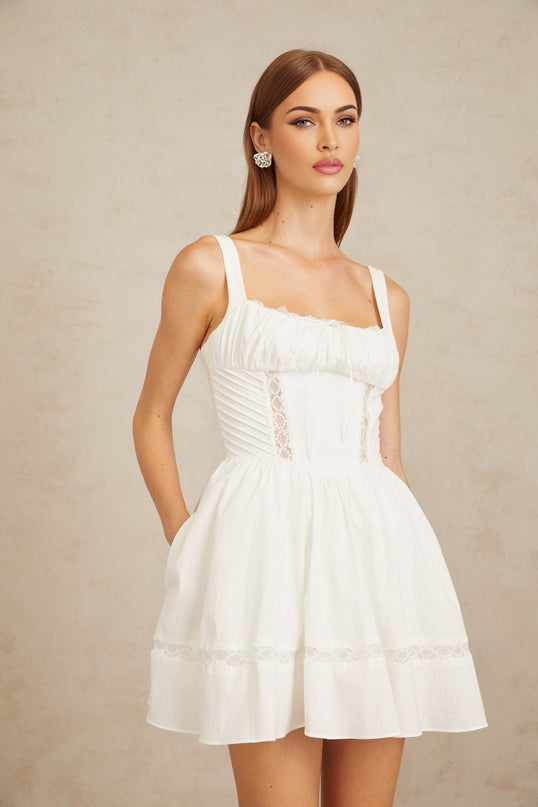 Dylan White Lace Trim Mini Dress with Self-Tie Bow Detail