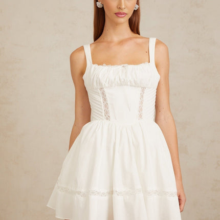 Dylan White Lace Trim Mini Dress with Self-Tie Bow Detail and Flounce Skirt