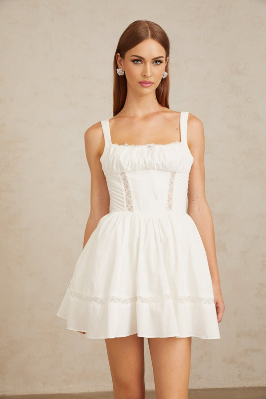 Dylan White Lace Trim Mini Dress with Self-Tie Bow Detail and Flounce Skirt