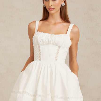 Dylan White Lace Trim Mini Dress Square Neckline Wide Straps