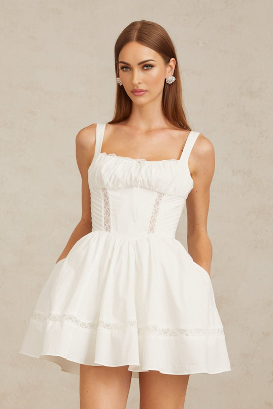 Dylan White Lace Trim Mini Dress Square Neckline Wide Straps