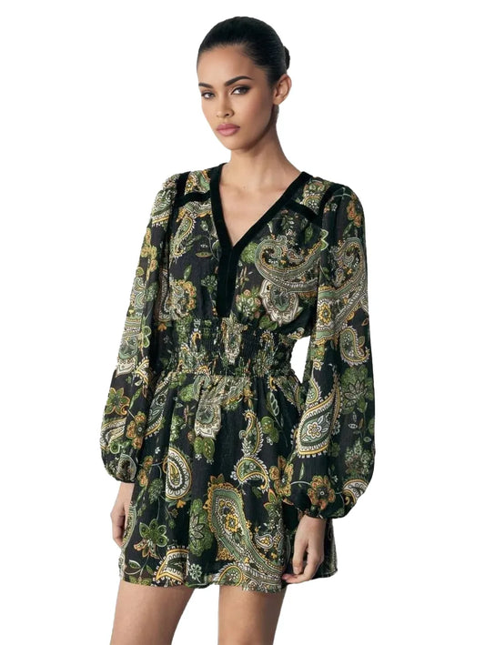 Paloma Short Dress with Paisley Print and Long Sleeves in Multicolor - modified image