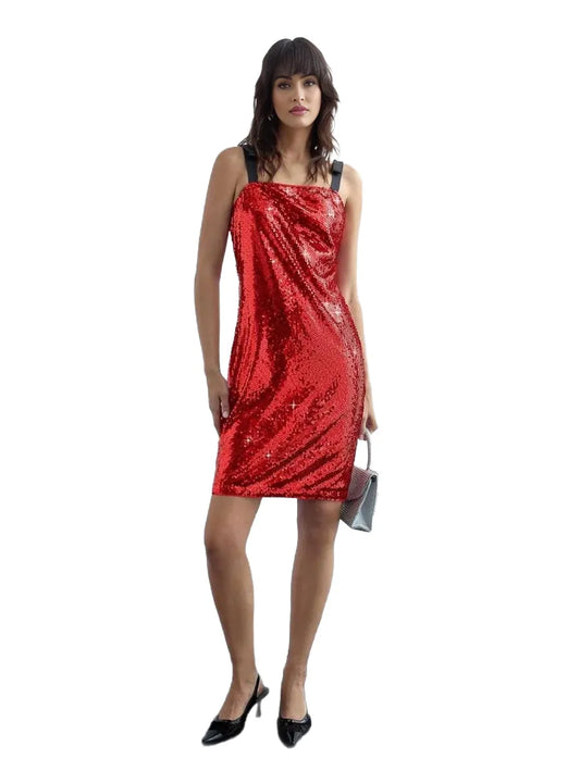 Womens Sexy Red Sequin Contrast Color Spaghetti Strap Elegant Mini Christmas Dress - modified image