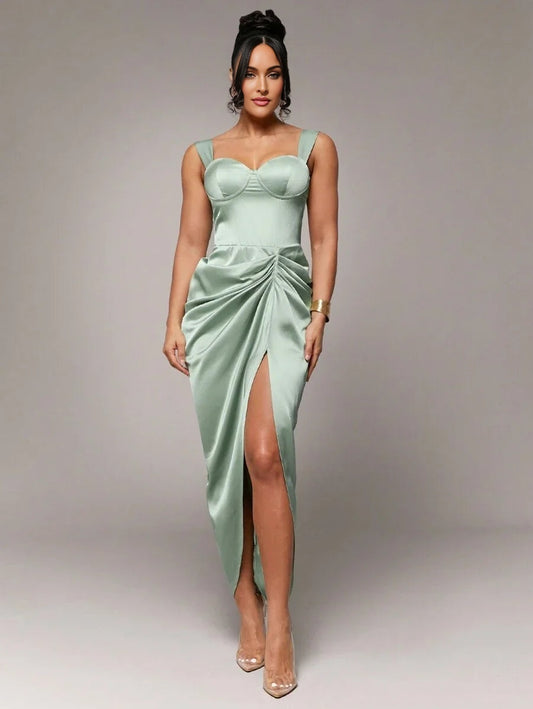 Early Spring amp Summer Solid Color Elegant Romantic Sage Green Asymmetric Ruffle Hem Wide Strap