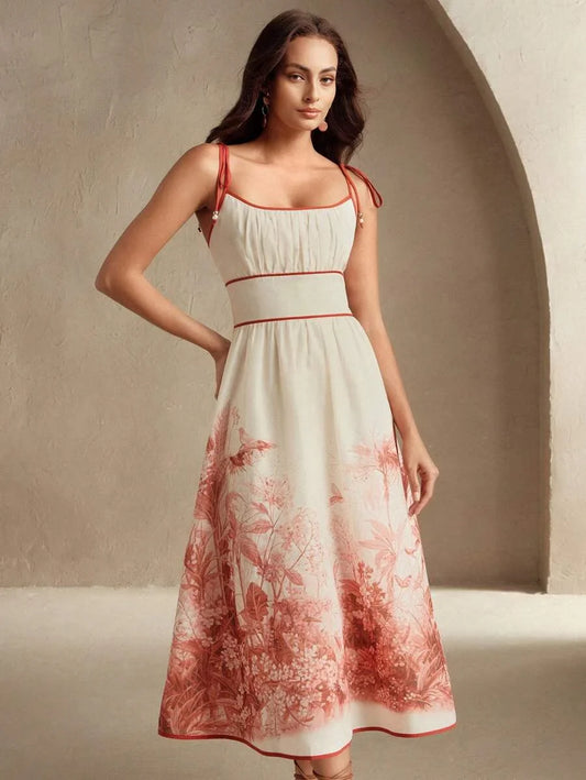 Early Spring Elegant High Waist TieFront Sleeveless Printed Dress