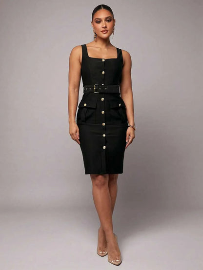 Early Spring Sleeveless Solid Black Elegant SlimFit Midi Business Dress Sexy Office Uniform Teacher