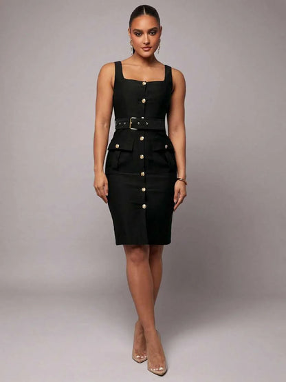 Early Spring Sleeveless Solid Black Elegant SlimFit Midi Business Dress Sexy Office Uniform Teacher