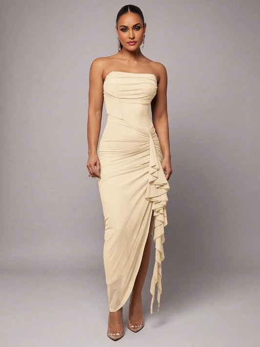 Early SpringSummer Graceful amp Romantic Print Surplice Neck Ruffle Sleeve High Slit Dress For