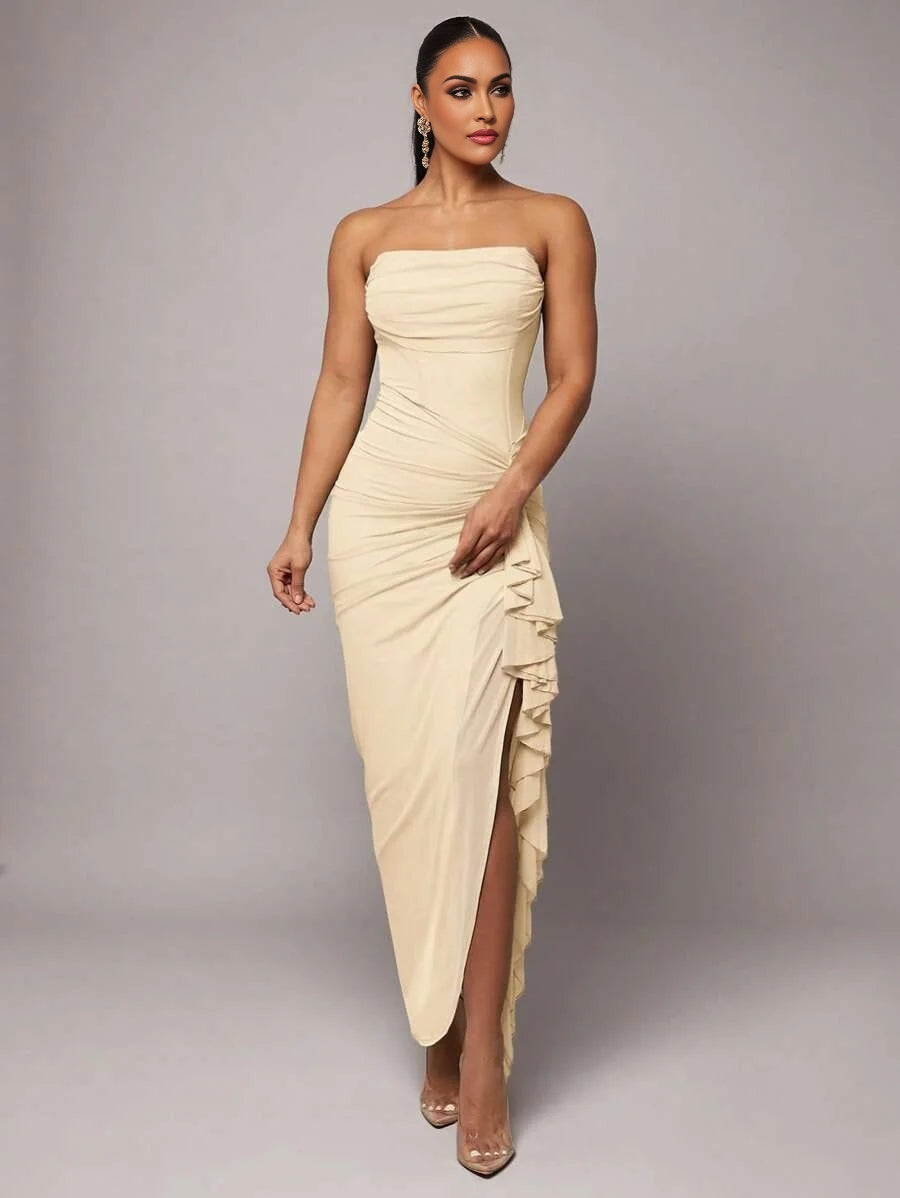 Early SpringSummer Graceful amp Romantic Print Surplice Neck Ruffle Sleeve High Slit Dress For