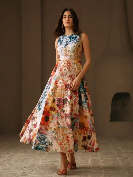 Easter SpringSummer Round Neck Ditsy Floral Waist Fitted ALine Fashionable Elegant Ladies Dress