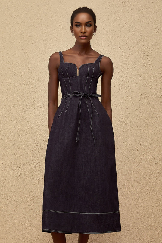 Éclat Indigo Blue Denim Midi Dress