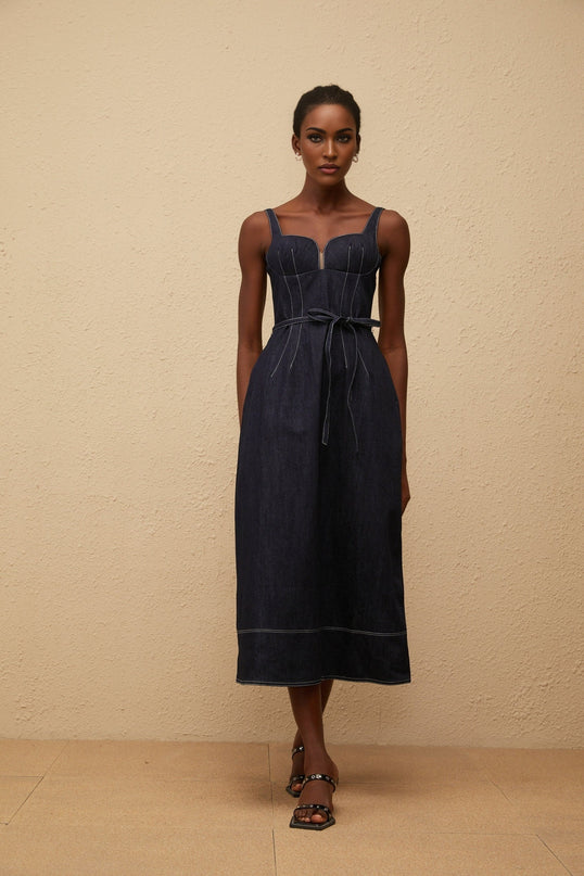 Éclat Indigo Blue Denim Midi Dress