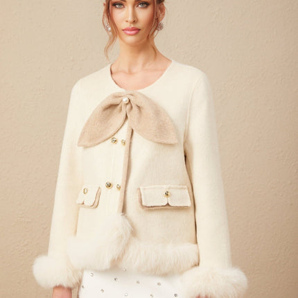Eden Collarless Two-tone Coat With Detachable Bow Neutrals Faux-Fur Trim Front Flap Pockets Curved Hem