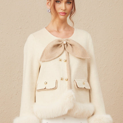 Eden Collarless Two-tone Coat With Detachable Bow Neutrals Faux-Fur Trim Front Flap Pockets Curved Hem
