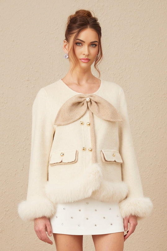 Eden Collarless Two-tone Coat With Detachable Bow Neutrals Faux-Fur Trim Front Flap Pockets Curved Hem