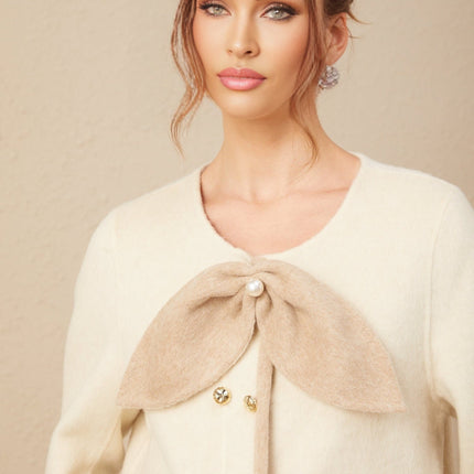 Eden Neutrals Collarless Two-tone Coat With Detachable Bow faux-fur trim front flap pockets curved hem concealed front button fastening 96% Polyester 4% Spandex environmentally-friendly farmedfox fur modern fashion connoisseur