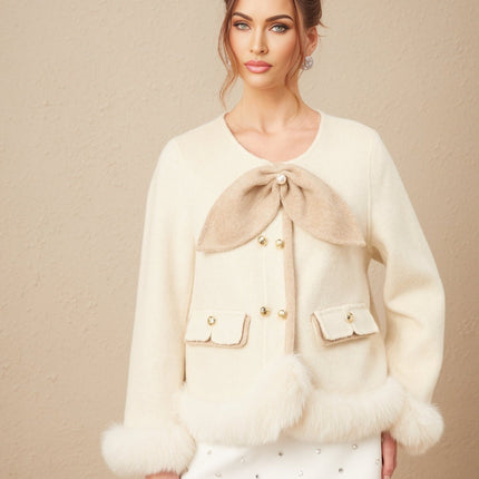 Eden Collarless Two-tone Coat With Detachable Bow Neutrals Faux Fur Trim Front Flap Pockets Curved Hem