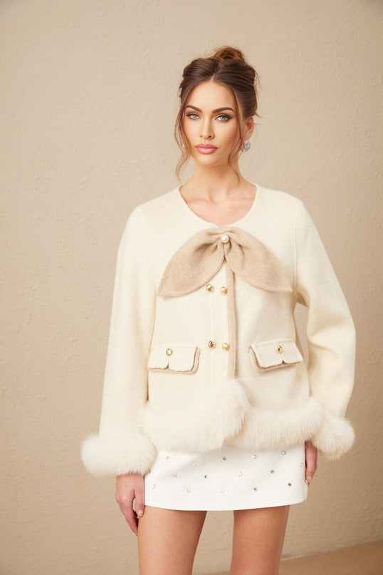 Eden Collarless Two-tone Coat With Detachable Bow Neutrals Faux Fur Trim Front Flap Pockets Curved Hem