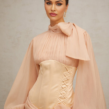 Eden Neutrals Floral Appliqué Mini Dress Ribbon Tie-Neck Puff Sleeves Boned Bodice Pleats Ruching Curved Hem Thigh-Length Special Occasions