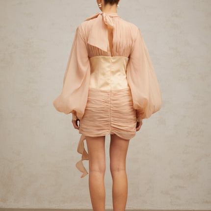 Eden Neutrals Floral Appliqué Mini Dress Ribbon Tie-Neck Puff Sleeves Boned Bodice Cinched Waist Panelled Pleats Ruching Curved Hem Special Occasions