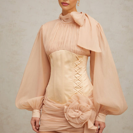 Eden Neutrals Mini Dress with Ribbon Tie-Neck and Floral Appliqué